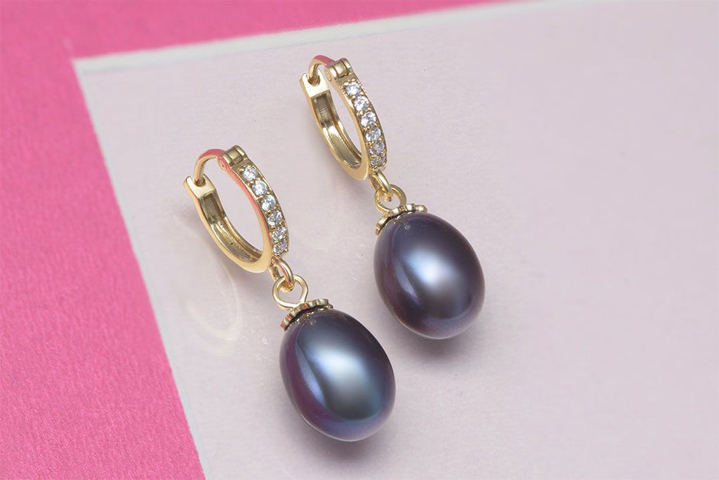 Bông tai Vàng 14K Ngọc trai Peacock Green Teardrop Pearl Hinged Earrings in 14K Yellow Gold by AME Jewellery