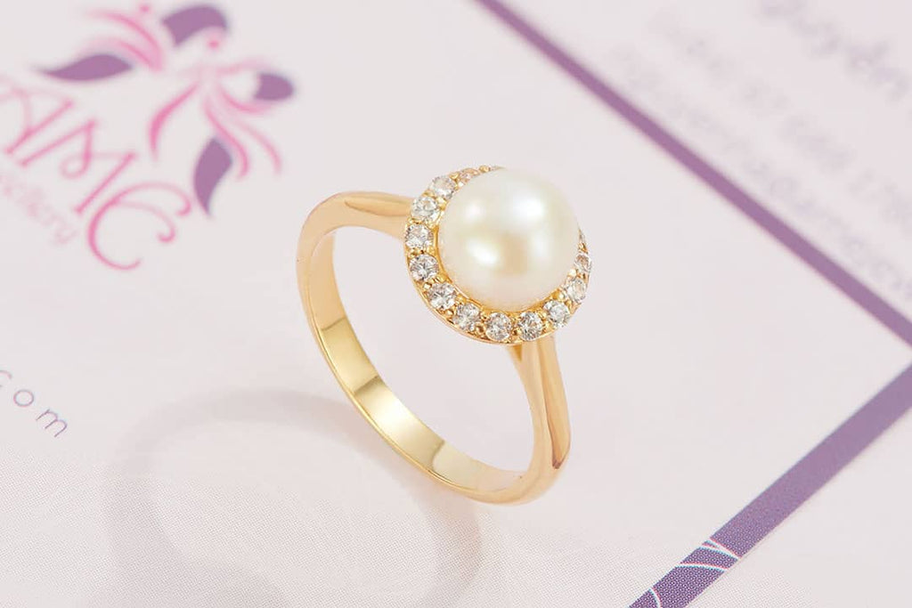 Nhẫn nữ Vàng 14K Ngọc trai trắng White Freshwater Pearl Halo Ring in 14K Yellow Gold  by AME Jewellery