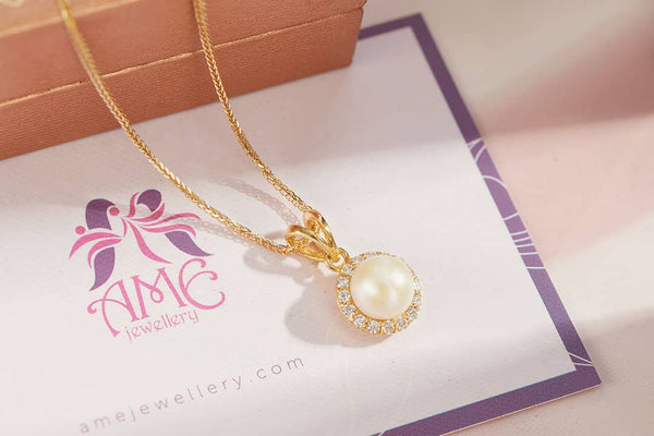 Mặt dây chuyền Vàng Ngọc trai trắng White Freshwater Pearl Halo Gold Pendant Necklace by AME Jewellery