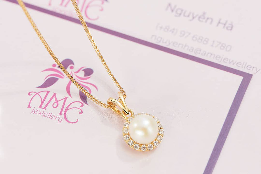 Mặt dây chuyền Vàng Ngọc trai trắng White Freshwater Pearl Halo Gold Pendant Necklace by AME Jewellery