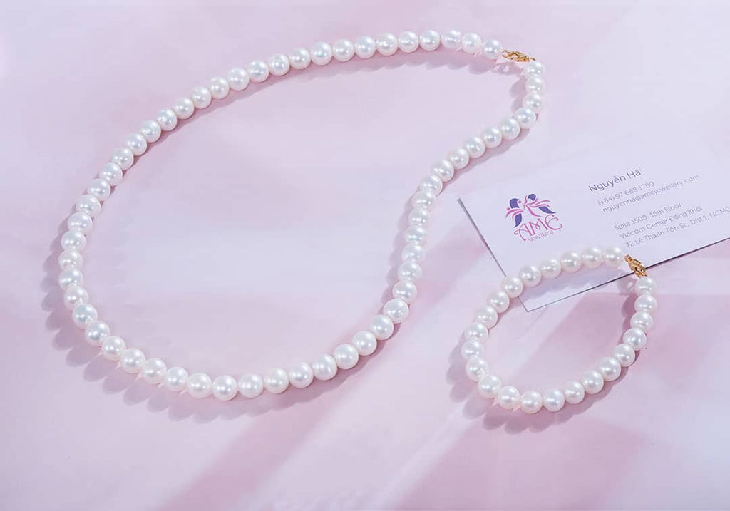 Vòng cổ chuỗi tay Ngọc trai trắng White Pearl Strand Necklace and Bracelet | AME Jewellery