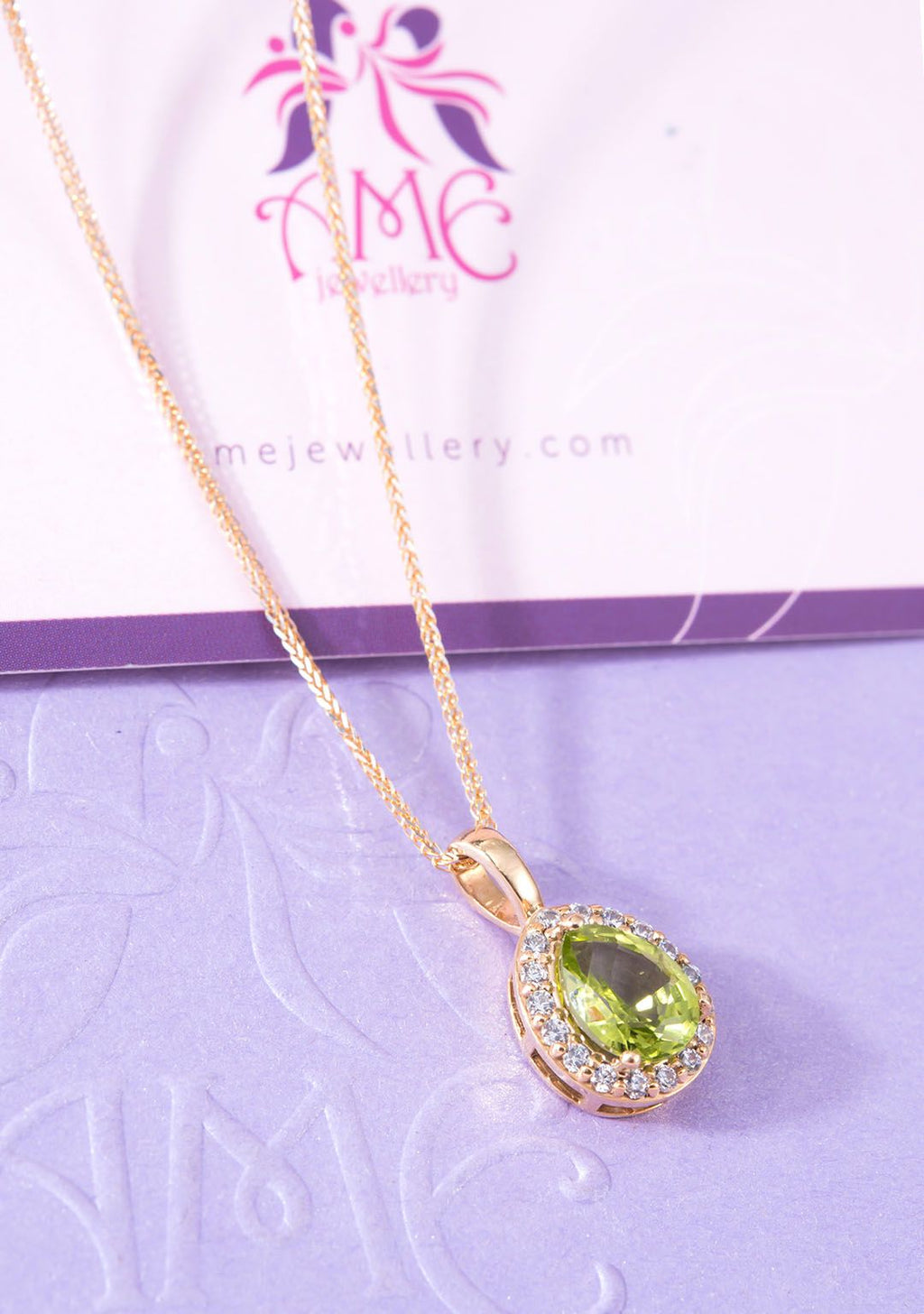 Mặt dây chuyền Vàng Đá quý thiên nhiên Pear-cut Peridot Halo Pendant Necklace by AME Jewellery