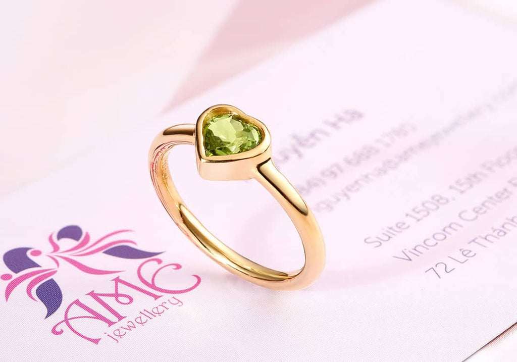 Nhẫn Vàng Đá quý thiên nhiên  Heart-cut Peridot Bezel Ring in 14K Yellow Gold by AME Jewellery