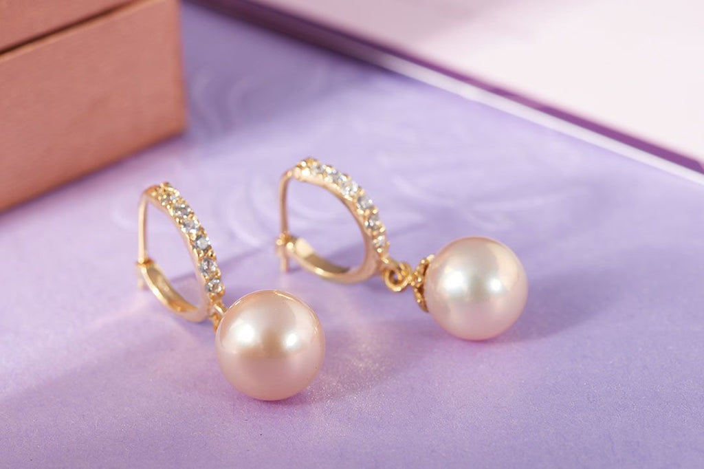 Bông tai Vàng 14K Ngọc trai Pink Freshwater Pearl Hinged Earrings in 14K Yellow Gold by AME Jewellery