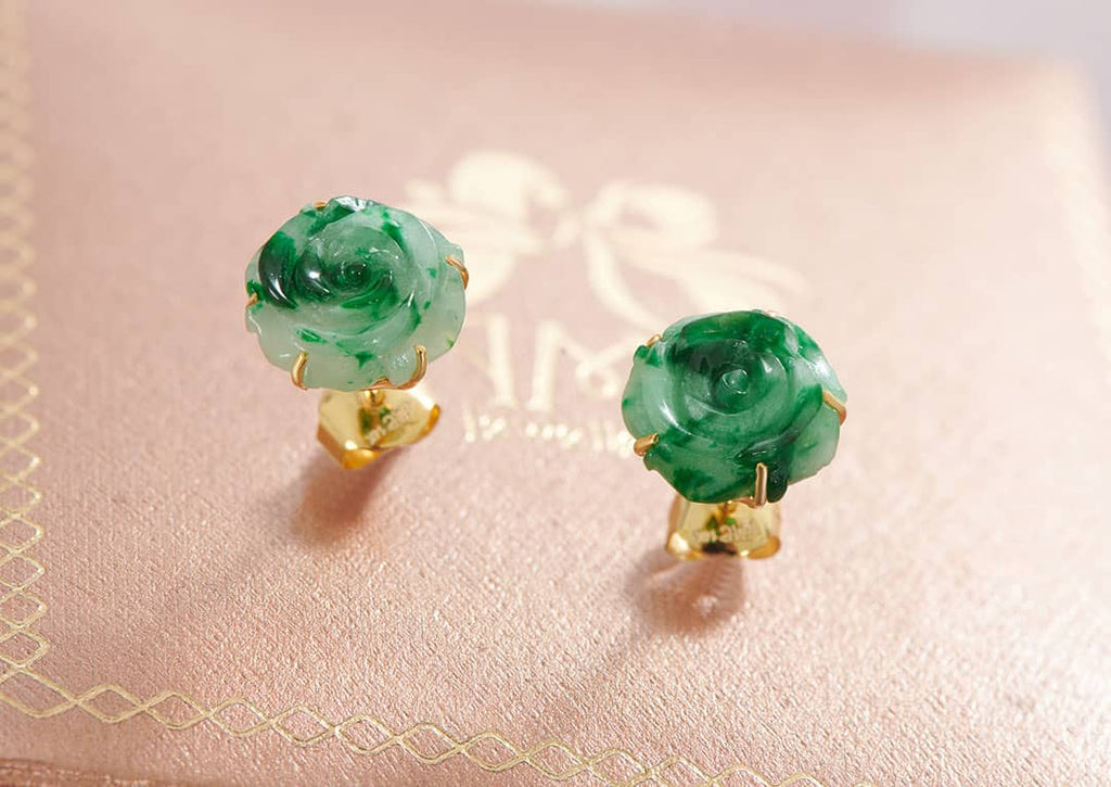 Bông tai Hoa Hồng Vàng 14K Đá Cẩm thạch thiên nhiên | Carved Rose Flower Jadeite Jade Gold Earrings | AME Jewellery