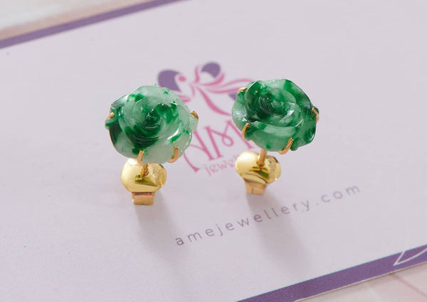 Bông tai Hoa Hồng Vàng 14K Đá Cẩm thạch thiên nhiên | Carved Rose Flower Jadeite Jade Gold Earrings | AME Jewellery