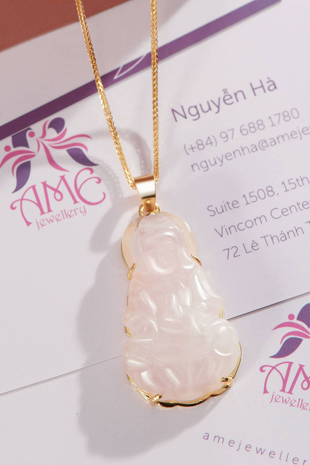 Mặt dây Phật Bà Quan Âm Rose Quartz Guanyin Buddha Pendant Necklace in 14K Yellow Gold by AME Jewellery