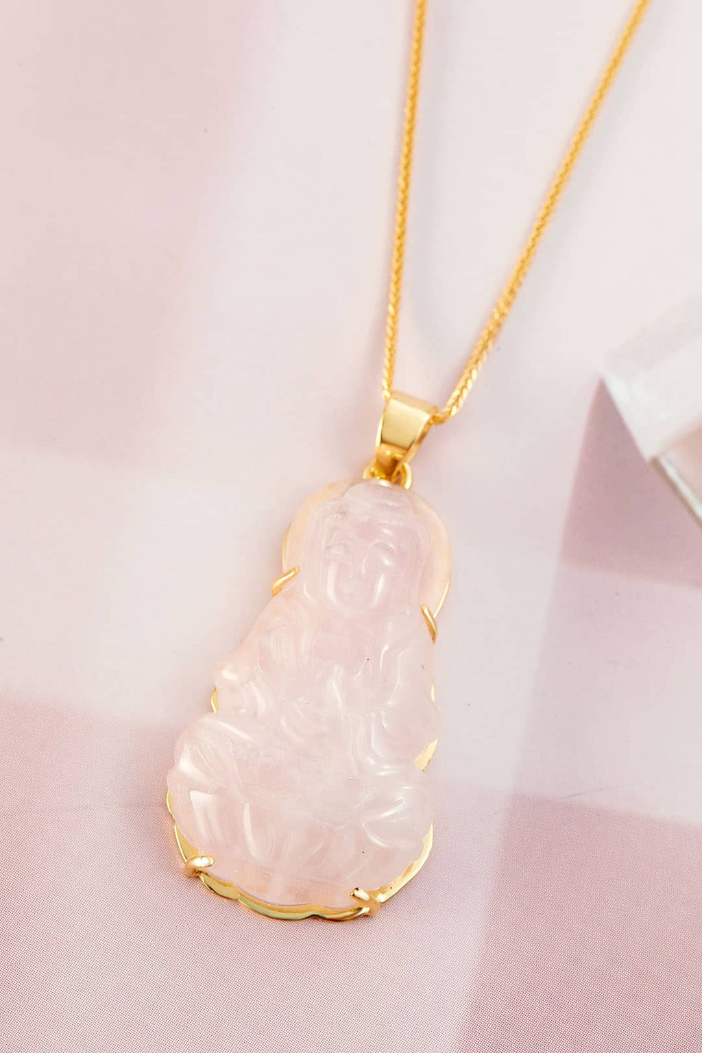 Mặt dây Phật Bà Quan Âm Rose Quartz Guanyin Buddha Pendant Necklace in 14K Yellow Gold by AME Jewellery