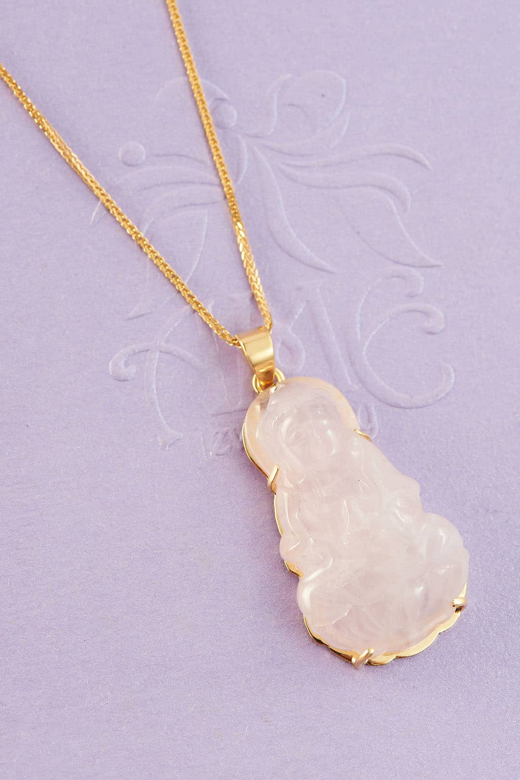 Mặt dây Phật Bà Quan Âm Rose Quartz Guanyin Buddha Pendant Necklace in 14K Yellow Gold by AME Jewellery