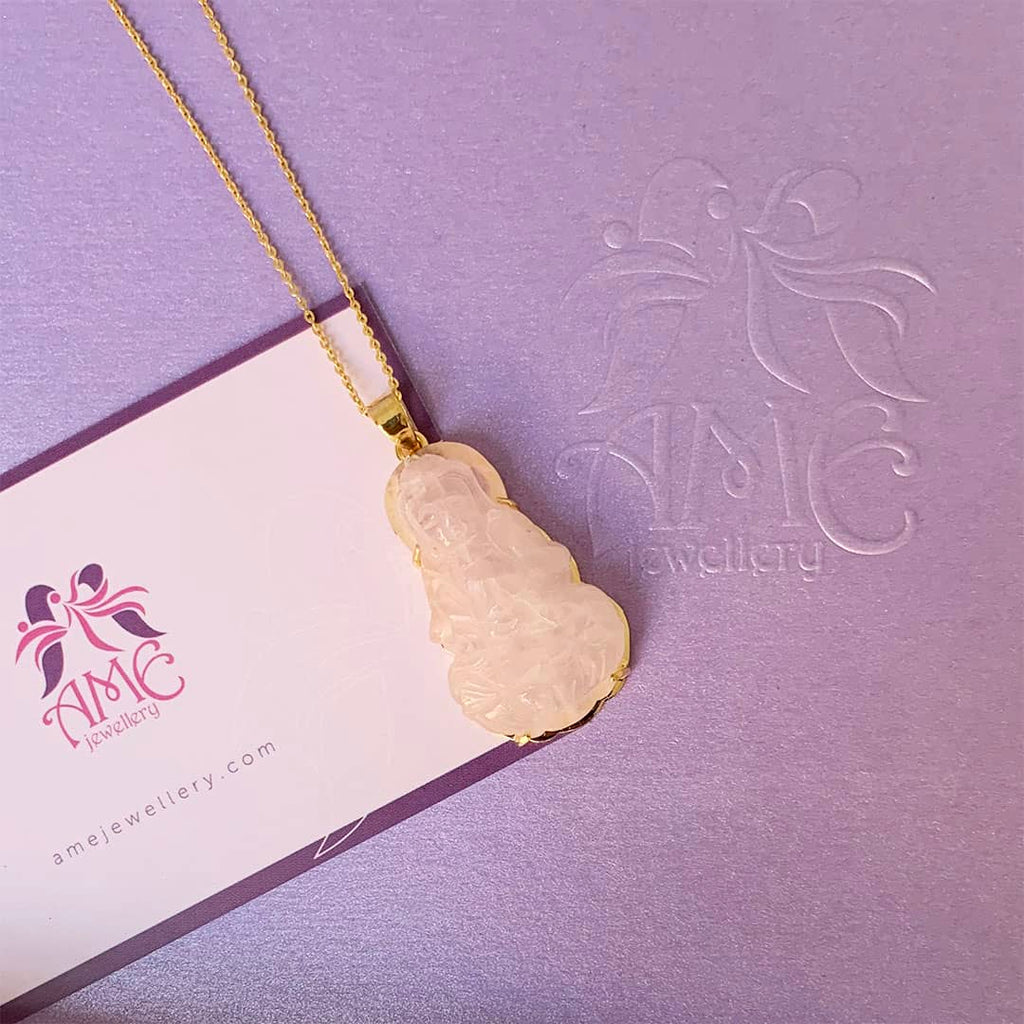 Mặt dây Phật Bà Quan Âm Rose Quartz Guanyin Buddha Pendant Necklace in 14K Yellow Gold by AME Jewellery