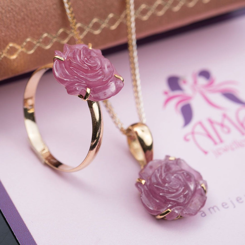 Bộ Trang sức Vàng Hoa hồng Ruby Carved Rose Flower Jewelry Set in 14K Yellow Gold by AME Jewellery