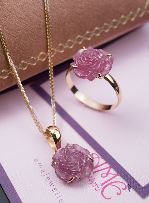 Bộ Trang sức Vàng Hoa hồng Ruby Carved Rose Flower Jewelry Set in 14K Yellow Gold by AME Jewellery
