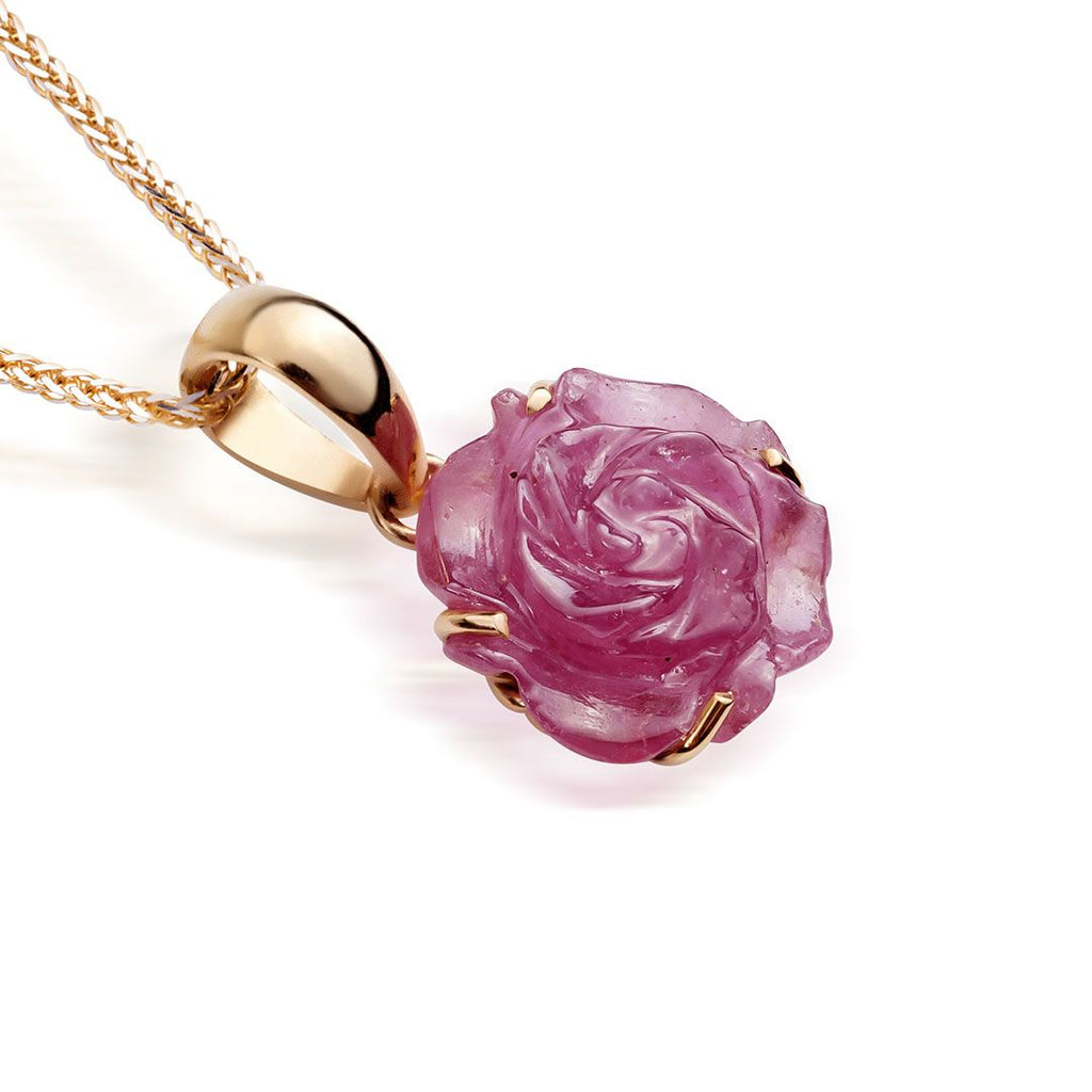 Mặt dây chuyền Vàng Hoa hồng Ruby Carved Rose Flower Pendant Necklace in 14K yellow Gold by AME Jewellery