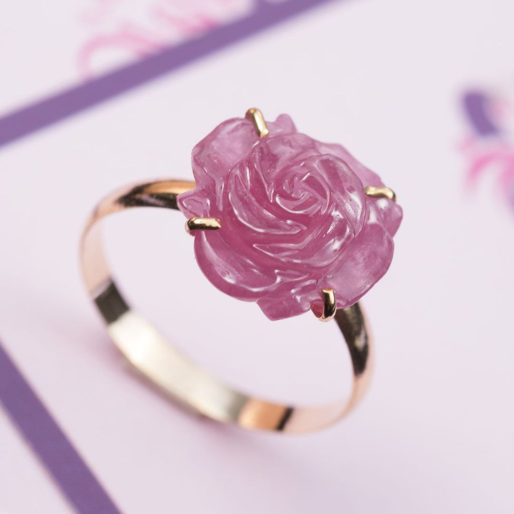 Nhẫn Vàng hoa hồng Ruby Carved Rose Flower Ring in 14K Yellow Gold by AME Jewellery