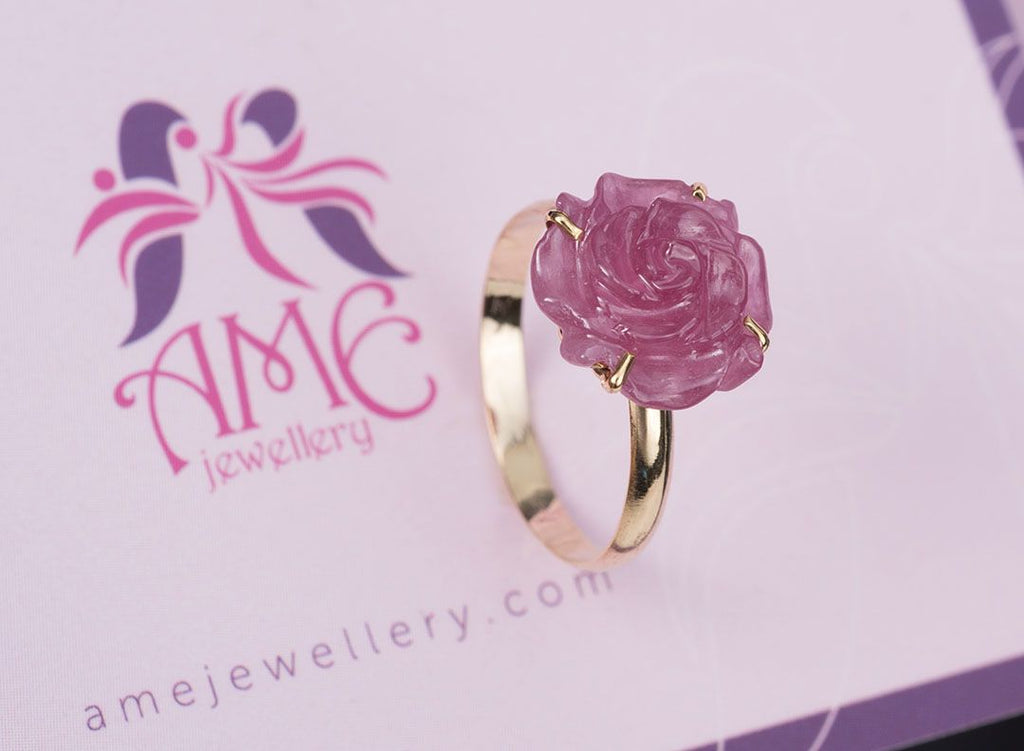 Nhẫn Vàng hoa hồng Ruby Carved Rose Flower Ring in 14K Yellow Gold by AME Jewellery