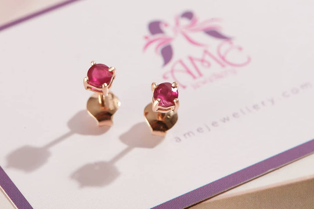 Bông tai Vàng Đá quý thiên nhiên Natural Ruby 4-Prong Earrings in 14K Rose Gold | AME Jewellery