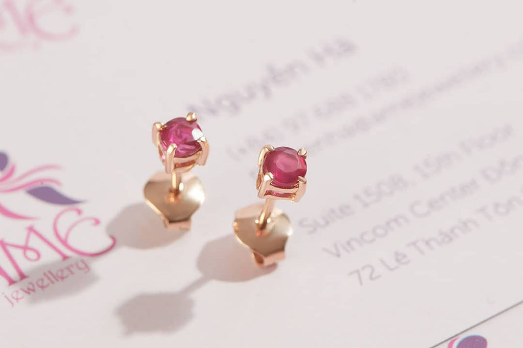 Bông tai Vàng Đá quý thiên nhiên Natural Ruby 4-Prong Earrings in 14K Rose Gold | AME Jewellery