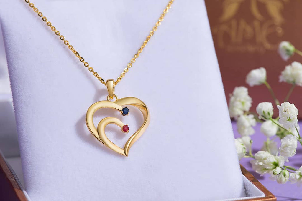 Mặt dây trái tim Vàng Đá quý tự nhiên Ruby & Blue Sapphire Couple Heart Pendant Necklace in 14K Yellow Gold by AME Jewellery