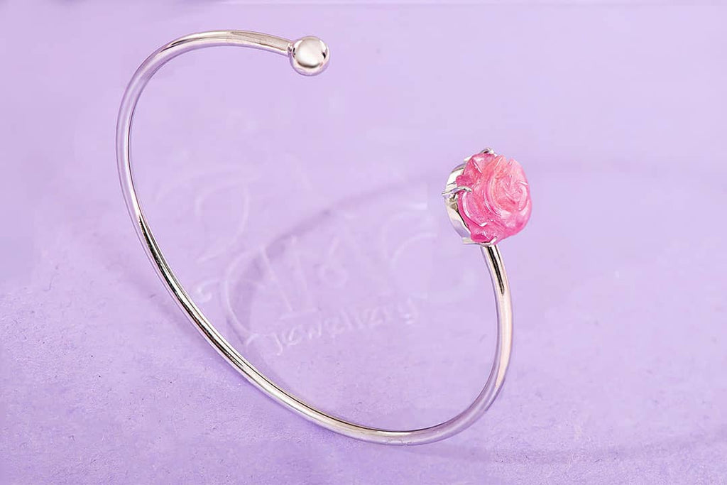 Vòng tay Vàng trắng Hoa hồng Đá quý tự nhiên Ruby Carved Rose Flower Open Bangle in 10K White Gold by AME Jewellery