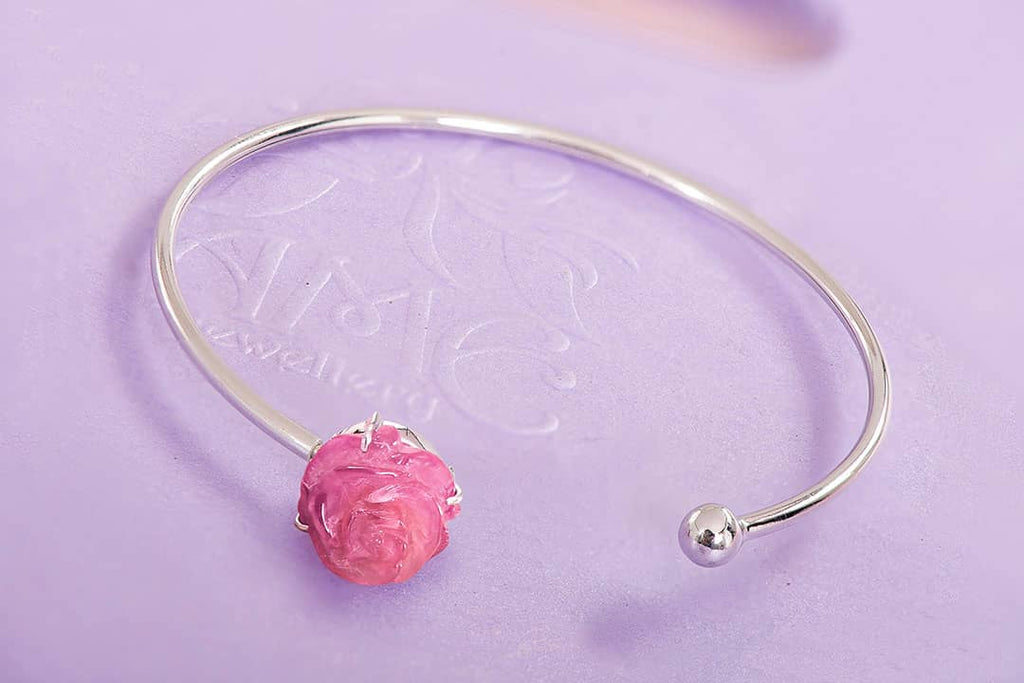 Vòng tay Vàng trắng Hoa hồng Đá quý tự nhiên Ruby Carved Rose Flower Open Bangle in 10K White Gold by AME Jewellery