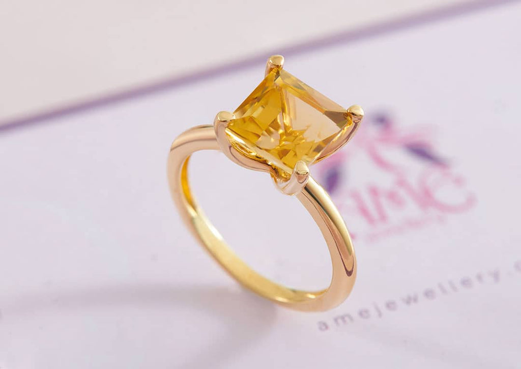 Nhẫn Vàng Đá quý tự nhiên Square Citrine Ring in 14K Yellow Gold by AME Jewellery