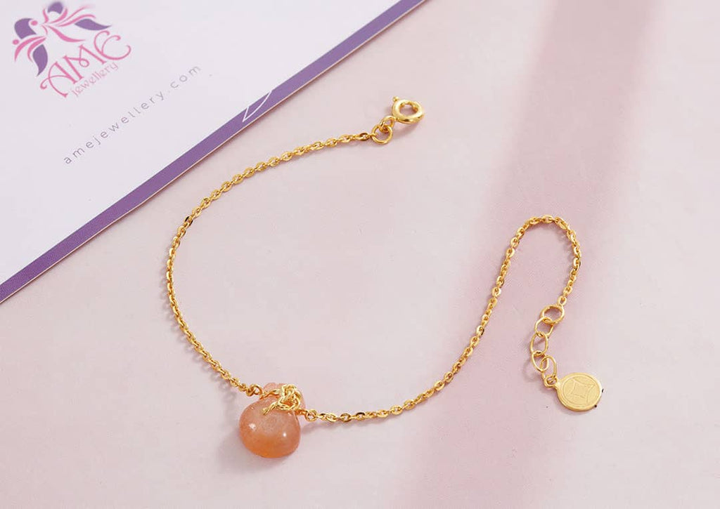 Lắc tay Vàng 14K Đá quý tự nhiên Sunstone Túi tiền Tài Lộc | AME Jewellery