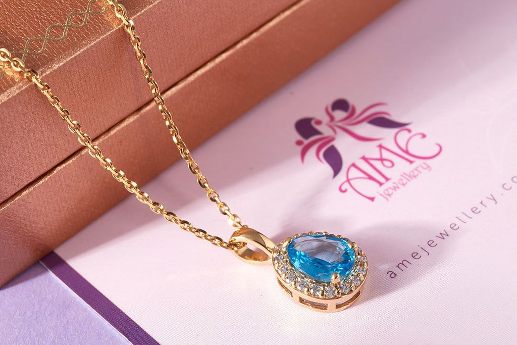 Mặt dây Vàng 14K Đá quý thiên nhiên Blue Topaz Pendant Necklace in 14K Yellow Gold by AME Jewellery