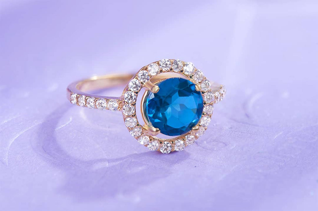 Nhẫn Vàng 14K Đá quý tự nhiên London Blue Topaz Halo Gold Ring |AME Jewellery