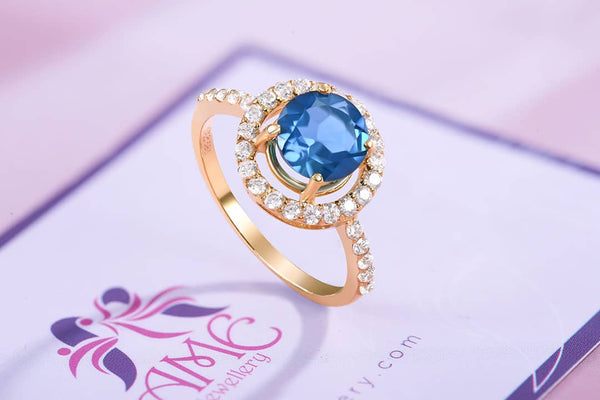 Nhẫn Vàng 14K Đá quý tự nhiên London Blue Topaz Halo Gold Ring |AME Jewellery