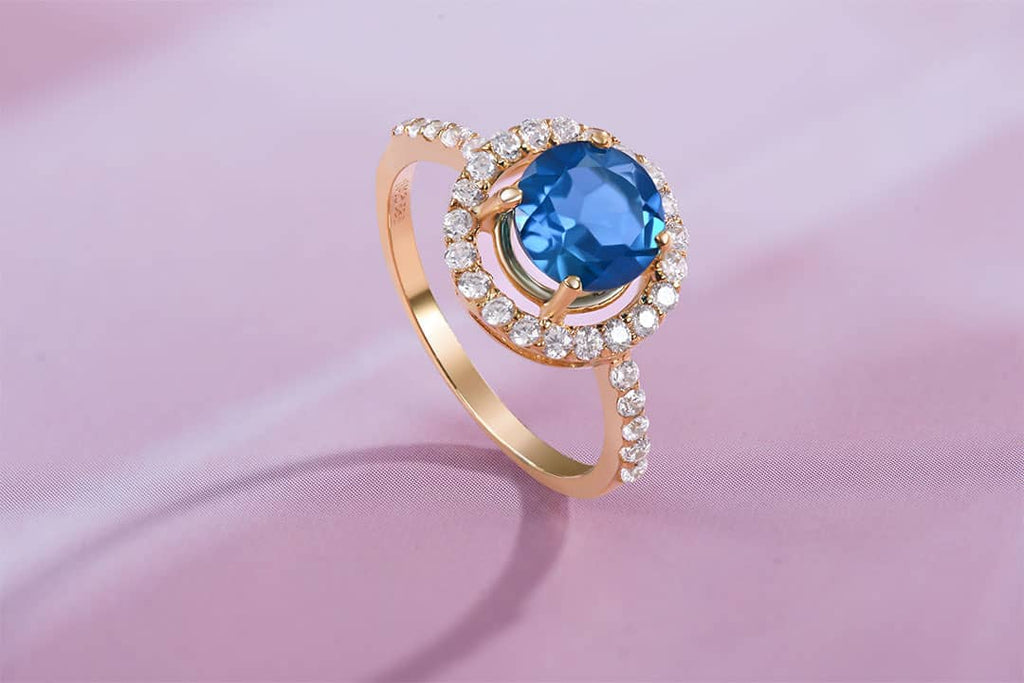 Nhẫn Vàng 14K Đá quý tự nhiên London Blue Topaz Halo Gold Ring |AME Jewellery