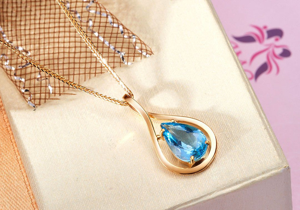 Mặt dây chuyền Vàng 14K Đá quý thiên nhiên Pear Blue Topaz Pendant Necklace in 14K Yellow Gold by AME Jewellery