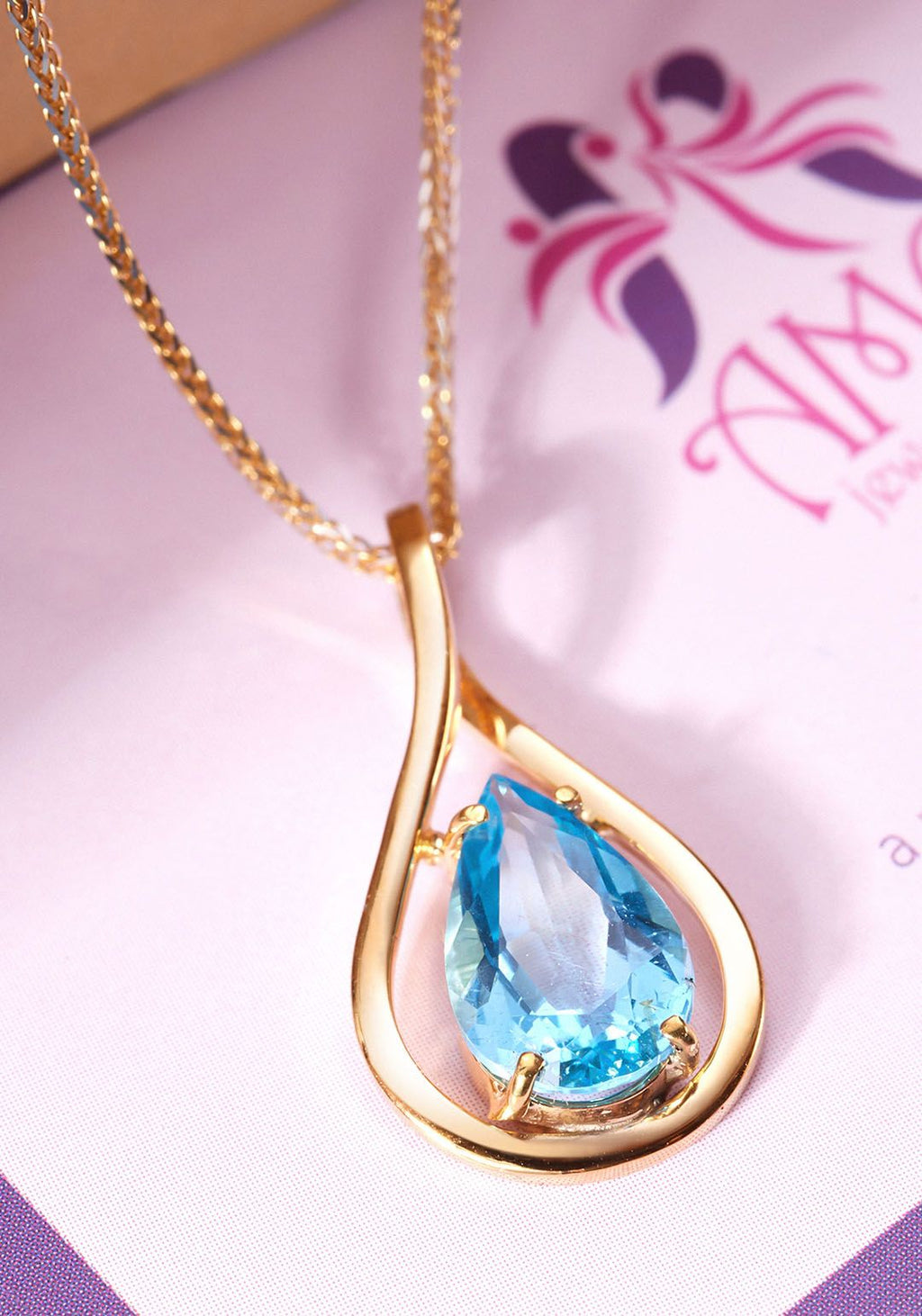 Mặt dây chuyền Vàng 14K Đá quý thiên nhiên Pear Blue Topaz Pendant Necklace in 14K Yellow Gold by AME Jewellery