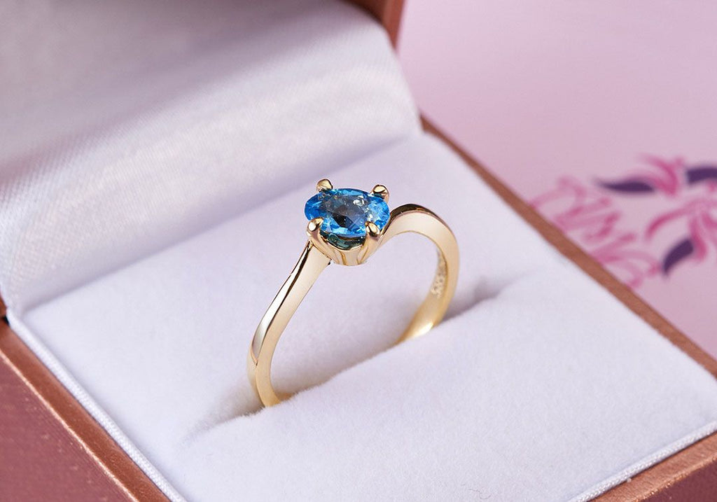 Nhẫn Vàng 14K Đá quý tự nhiên oval Blue Topaz Gold Ring - AME Jewellery