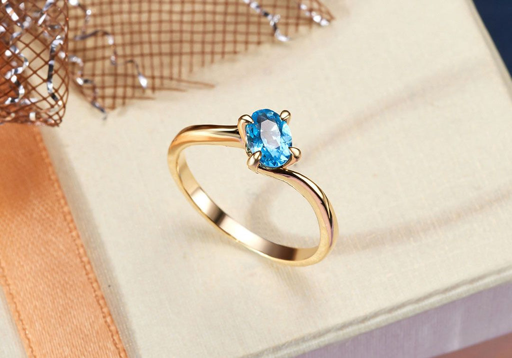 Nhẫn Vàng 14K Đá quý tự nhiên oval Blue Topaz Gold Ring - AME Jewellery