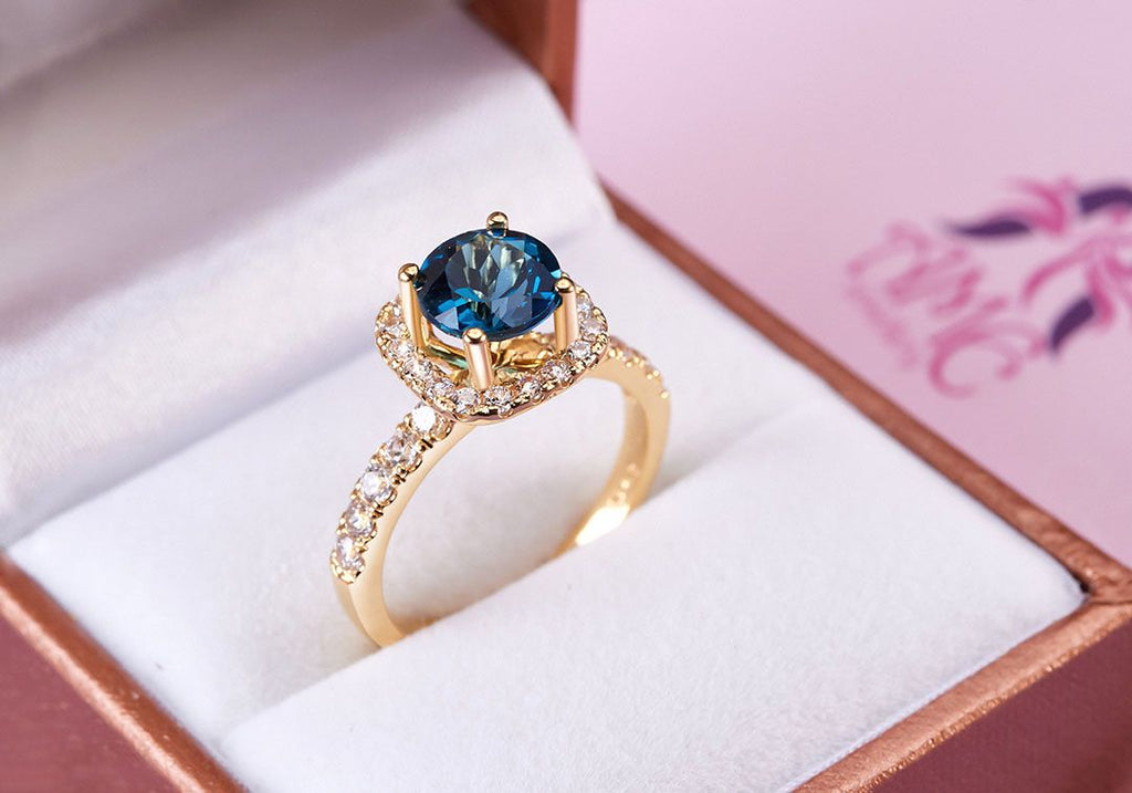 Nhẫn Vàng 14K Đá quý thiên nhiên London Blue Topaz halo gold ring - AME Jewellery