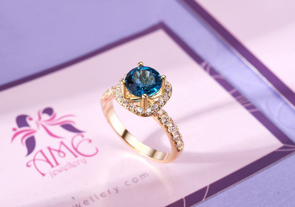 Nhẫn Vàng 14K Đá quý thiên nhiên London Blue Topaz halo gold ring - AME Jewellery