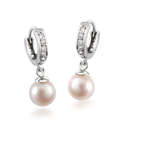 White Freshwater Cultured Pearl Drop Huggie Hoop Earrings in Sterling Silver - AME Jewellery
