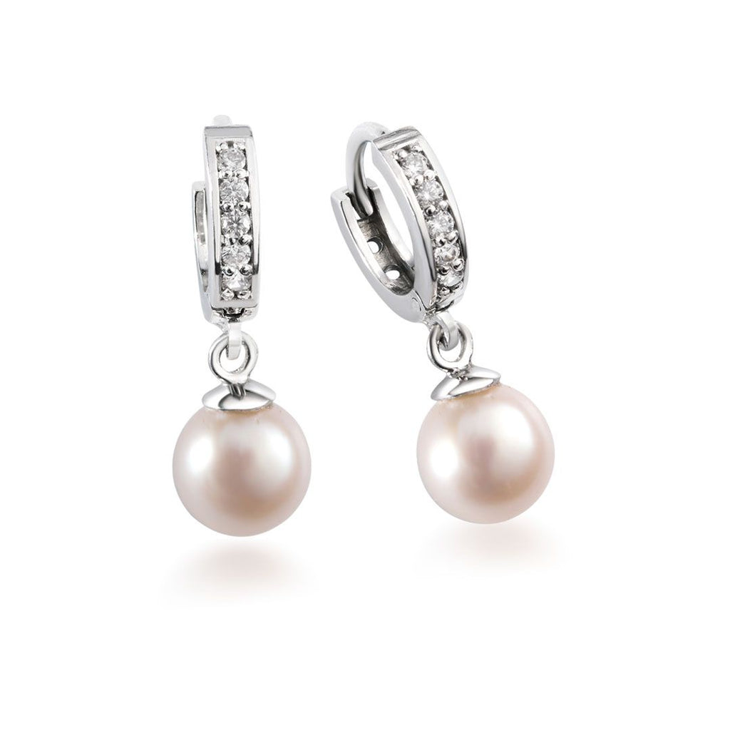 White Freshwater Cultured Pearl Drop Huggie Hoop Earrings in Sterling Silver - AME Jewellery