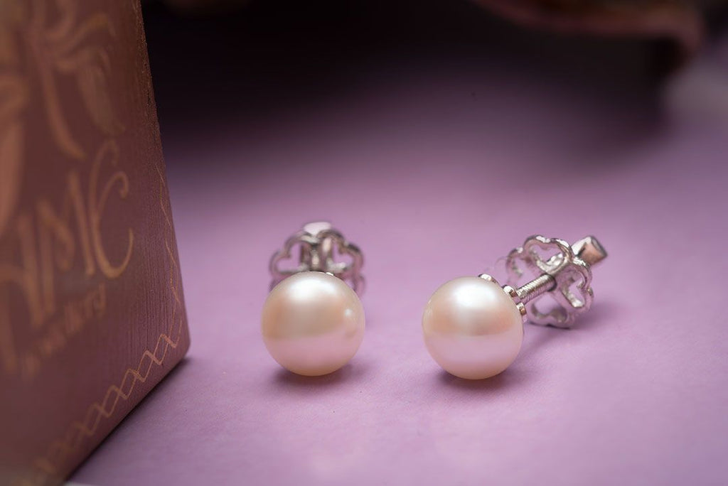 Half-round White Freshwater Cultured Pearl Stud Earrings in Sterling Silver - AME Jewellery