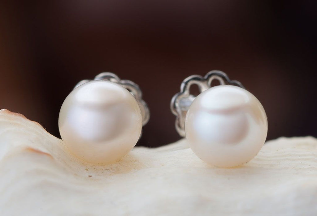 Half-round White Freshwater Cultured Pearl Stud Earrings in Sterling Silver - AME Jewellery