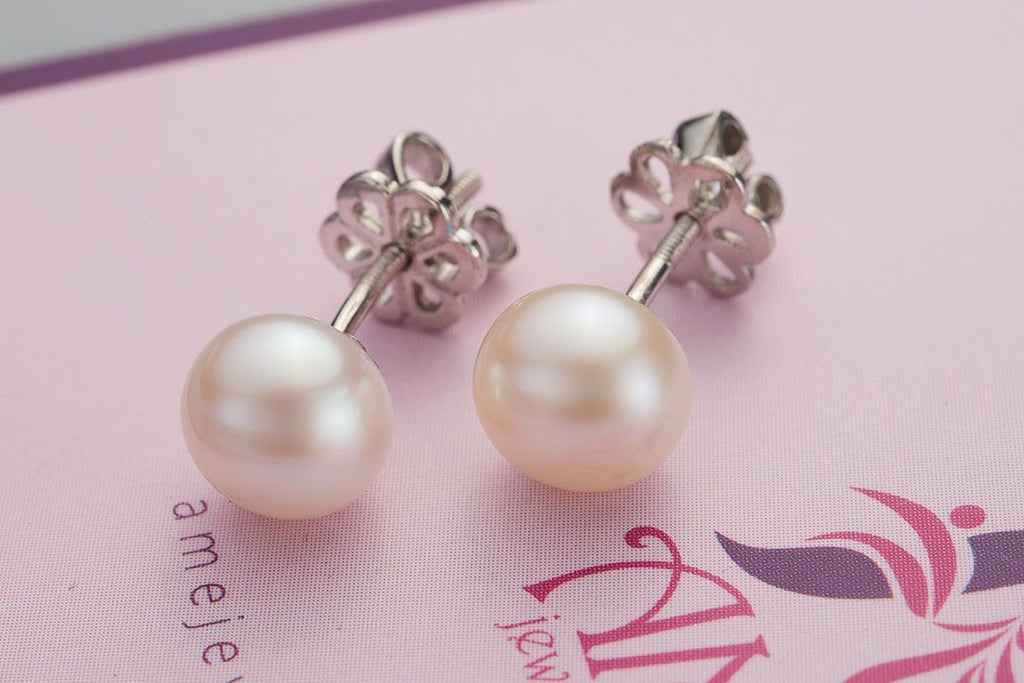 Half-round White Freshwater Cultured Pearl Stud Earrings in Sterling Silver - AME Jewellery
