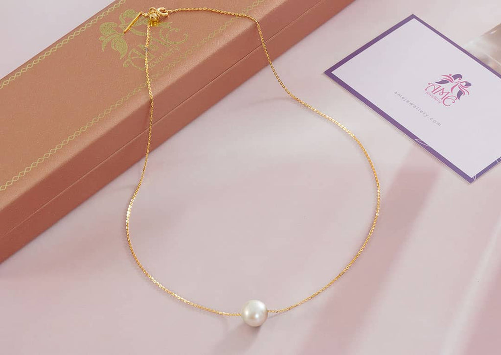 Dây chuyền Vàng 14K Ngọc trai Single White Pearl Chain Necklace in 14K Yellow Gold by AME Jewellery