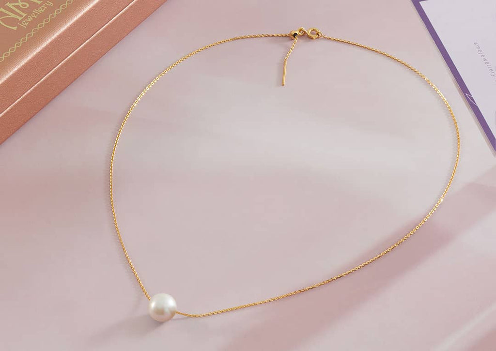 Dây chuyền Vàng 14K Ngọc trai Single White Pearl Chain Necklace in 14K Yellow Gold by AME Jewellery