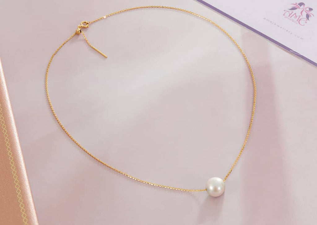 Dây chuyền Vàng 14K Ngọc trai Single White Pearl Chain Necklace in 14K Yellow Gold by AME Jewellery