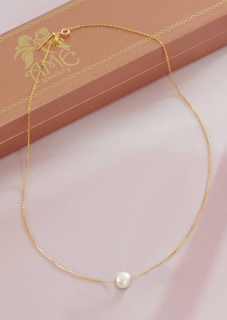 Dây chuyền Vàng 14K Ngọc trai Single White Pearl Chain Necklace in 14K Yellow Gold by AME Jewellery