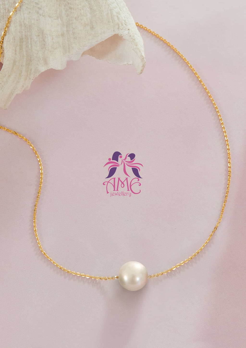 Dây chuyền Vàng 14K Ngọc trai Single White Pearl Chain Necklace in 14K Yellow Gold by AME Jewellery