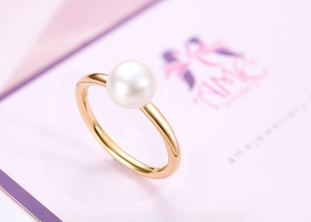 Nhẫn nữ Vàng Ngọc trai trắng White Freshwater Pearl Classic Ring in 14K Yellow Gold by AME Jewellery