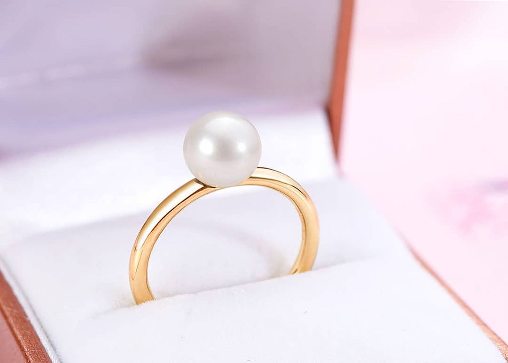 Nhẫn nữ Vàng Ngọc trai trắng White Freshwater Pearl Classic Ring in 14K Yellow Gold by AME Jewellery