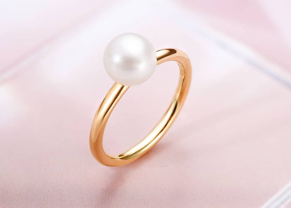 Nhẫn nữ Vàng Ngọc trai trắng White Freshwater Pearl Classic Ring in 14K Yellow Gold by AME Jewellery