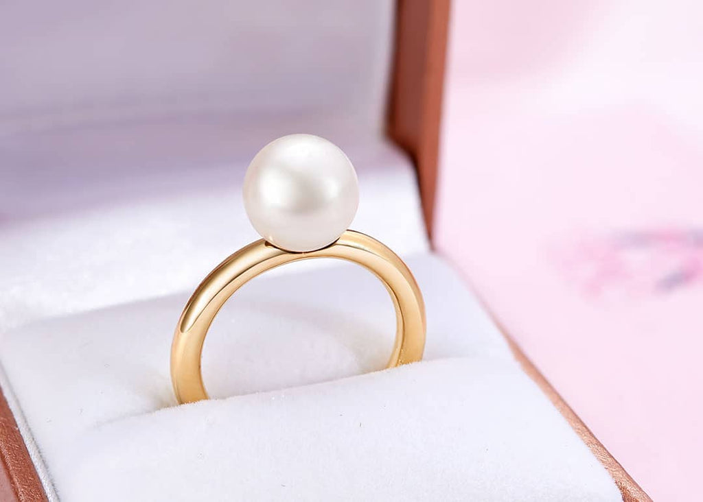 Nhẫn nữ Vàng Ngọc trai trắng White Freshwater Pearl Classic Ring in 14K Yellow Gold by AME Jewellery